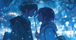 2boys auni bag black_coat black_hair blue_theme blush checkered_clothes checkered_scarf city_lights closed_eyes coat commentary danganronpa_(series) danganronpa_v3:_killing_harmony english_commentary flipped_hair from_side hair_between_eyes highres hood hoodie jacket long_sleeves male_focus multiple_boys night oma_kokichi outdoors profile purple_hair rain saihara_shuichi scarf shared_umbrella short_hair shoulder_bag smile transparent transparent_umbrella two-tone_scarf umbrella upper_body water_drop white_hoodie yaoi yellow_eyes