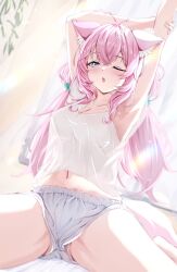 1girl animal_ears antenna_hair armpits blue_eyes blush breasts cleavage collarbone commentary grey_shorts hakui_koyori highres hololive large_breasts long_hair looking_at_viewer minoriminoru0 multicolored_eyes navel open_mouth pink_eyes pink_hair see-through_silhouette shorts solo stomach stretching sunlight tail tank_top thighs two-tone_eyes virtual_youtuber white_tank_top wolf_ears wolf_girl wolf_tail