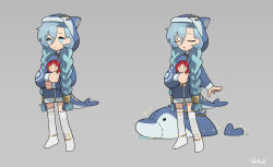 1girl 37_(reverse:1999) alternate_costume blue_eyes blue_hair braid character_doll closed_eyes closed_mouth daku_k deformed doll dolphin_costume grey_background hair_between_eyes highres holding holding_doll long_hair no_shoes reverse:1999 smile solo sophia_(reverse:1999) standing stuffed_animal stuffed_dolphin stuffed_toy thighhighs twin_braids very_long_hair white_thighhighs