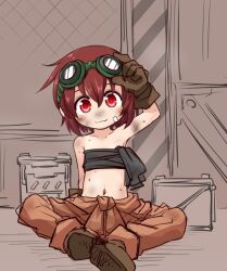 1girl adjusting_goggles bandaid bandaid_on_face blush boots brown_jumpsuit dirty dirty_face female_focus flat_chest garage gloves goggles goggles_on_head jumpsuit jumpsuit_around_waist kso loli looking_at_viewer mechanic monochrome_background navel original red_eyes short_hair sitting smile solo strapless sweat tomboy tube_top