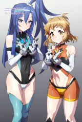 Rule 34 | 2girls, aqua leotard, aqua thighhighs, armpit crease, black leotard, blue eyes, blue hair, breasts, brown eyes, closed mouth, commission, covered navel, cuffs, double v, elbow gloves, gloves, gradient background, grey background, groin, hair between eyes, handcuffs, kazanari tsubasa, leotard, light blush, long hair, looking at viewer, medium breasts, multicolored leotard, multiple girls, navel, orange leotard, senki zesshou symphogear, short hair, side ponytail, simple background, small breasts, smile, stomach, tachibana hibiki (symphogear), thighhighs, two-tone leotard, uganda (ugandam 00), undersuit, v, very long hair, white gloves