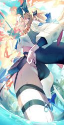 1girl absurdres adjusting_clothes adjusting_panties arknights ass ass_focus black_horns dragon_girl dragon_horns dragon_tail fire highres horns kimo_suna multiple_horns official_alternate_costume panties reed_(arknights) reed_the_flame_shadow_(arknights) reed_the_flame_shadow_(summer_flower)_(arknights) solo swimsuit tail underwear wet