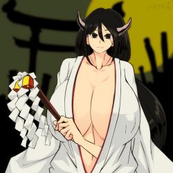 1girl abs animated animated_gif bare_shoulders between_breasts black_hair bouncing_breasts breast_expansion breasts brown_eyes center_opening cleavage energy female_focus fingernails full_moon gigantic_breasts hair_ornament hairband hataraki_ari holding horns japanese_clothes large_areolae long_fingernails long_hair long_skirt miko monster_girl moon night nipples no_bra open_clothes original outdoors red_eyes red_sky sharp_teeth shinto shinto_shrine shrine skirt sky smile solo standing teeth temple topless_female torii transformation undressing