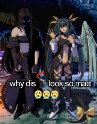 1girl 1other asymmetrical_gloves asymmetrical_wings bare_shoulders black_gloves black_hair black_tail black_thighhighs black_wings blue_hair bridal_gauntlets clenched_hands dizzy_(guilty_gear) english_text eyes_in_shadow fingerless_gloves full_body gloves guilty_gear guilty_gear_x guilty_gear_xx hair_ribbon highres killa_kuin long_hair looking_at_viewer meme midriff navel red_eyes ribbon smile standing testament_(guilty_gear) thighhighs uneven_gloves waving white_wings why_dis_ninja_look_so_mad_(meme) wings yellow_ribbon