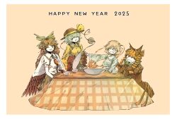 2025 4girls ;3 ;d ^_^ absurdres animal_ears black_dress black_wings blue_shirt bow bowl cape cat_ears cat_tail closed_eyes commentary_request dress green_bow hair_bow hair_flaps hairband happy_new_year hat hat_ribbon heart heart_of_string highres kaenbyou_rin komeiji_koishi komeiji_satori kotatsu long_sleeves looking_at_viewer miso_konbu multiple_girls multiple_tails new_year one_eye_closed open_mouth pink_eyes pink_hair red_eyes reiuji_utsuho ribbon shirt short_hair sitting smile table tail third_eye touhou two_tails white_shirt wings yellow_hairband yellow_ribbon yellow_shirt