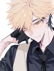 Rule 34 | 1boy, alternate costume, bishounen, black gloves, black hair, black necktie, black shirt, blonde hair, chinese commentary, closed mouth, collared shirt, earrings, gloves, hair between eyes, half gloves, hand on own cheek, hand on own face, head rest, highres, huachajiangqwq, jewelry, looking at viewer, male focus, multicolored hair, necktie, orange eyes, piercing, shiguang dailiren, shirt, short hair, simple background, smile, solo, two-tone hair, upper body, vest, white background, white vest, xia fei