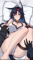 1girl 1other absurdres animal_ear_fluff animal_ears arknights bed_sheet bikini black_coat black_gloves black_hair blaze_(arknights) blue_eyes breasts cat_ears cat_girl cat_tail closed_mouth coat crop_top doctor_(arknights) fingerless_gloves gloves hairband highres holding_hands interlocked_fingers large_breasts lavriell long_hair lying pillow pov pov_hands red_hairband shirt smile sweatdrop swimsuit tail thigh_strap torn_clothes torn_shirt white_bikini white_shirt