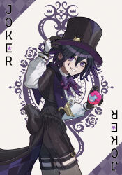 1boy adjusting_clothes adjusting_headwear alternate_costume black_capelet black_hair black_shorts black_thighhighs blush bow bowtie buttons capelet card commentary danganronpa_(series) danganronpa_v3:_killing_harmony english_text explosive flipped_hair flower frilled_shirt frills from_side gloves grenade grin hair_between_eyes hat highres holding holding_grenade joker_(playing_card) long_sleeves looking_at_viewer male_focus medium_hair oma_kokichi playing_card puffy_sleeves purple_bow purple_bowtie purple_hair purple_ribbon ribbon rose saigawa_genshin shirt shorts simple_background smile solo suspenders teardrop_facial_mark thighhighs top_hat