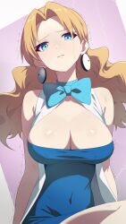 1girl absurdres aged_up alternate_breast_size bare_arms blonde_hair blue_bow blue_bowtie blue_dress blue_eyes bow bowtie breasts cleavage covered_navel crying crying_with_eyes_open dress earrings empty_eyes head_tilt highres jewelry large_breasts long_hair looking_at_viewer molly_hale motion_lines nintendo parted_lips pink_background pokemon pokemon_(anime) pokemon_(classic_anime) pokemon_3:_the_movie_-_spell_of_the_unown:_entei ryokuchabushi shiny_skin sleeveless sleeveless_dress smile solo tears trembling very_long_hair