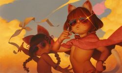 2girls alkemanubis animal_ears braid brown_hair candy cat_ears cat_girl cloud fake_animal_ears flat_chest food highres jacket loli lollipop lollipop_in_mouth long_hair looking_at_viewer multiple_girls original red_jacket short_hair sky sunglasses topless_female twin_braids upper_body