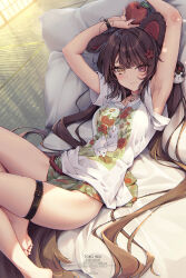 1girl animal_ears animal_print apple armpits artist_name banken_(inui_toko) barefoot bell belt blue_nails brown_hair character_name closed_mouth commentary_request dated dog_ears floral_print food fruit highres inui_toko inui_toko_(2nd_costume) jingle_bell kuro-kun_(nablack) leaf_print long_hair looking_at_viewer lying nail_polish nijisanji on_back pleated_skirt print_shirt print_skirt red_eyes shirt skirt soles solo t-shirt thigh_belt thigh_strap very_long_hair virtual_youtuber yellow_eyes
