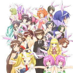 6+girls absolutely_everyone androgynous animal_ears aoyama_mio apollo_(kaminomi) ayukawa_tenri black_hair blonde_hair blue_eyes bow brown_eyes brown_hair diana_(kaminomi) dual_persona elysia_de_lute_ima everyone fake_animal_ears goido_yui goidou_yui green_eyes haibara_nanaka hair_bow hair_ornament haqua_d&#039;rot_herminium hat highres hinaga_rieko ikoma_minami_(kaminomi) kami_nomi_zo_shiru_sekai kasuga_hinoki kasuga_kusunoki katsuragi_keima kosaka_chihiro kujou_tsukiyo kurakawa_akari leotard long_hair luna_(kaminomi) microphone multiple_girls nagase_jun nakagawa_kanon pink_hair playboy_bunny purple_eyes rabbit_ears rabbit_tail red_eyes reverse_trap shiomiya_shiori short_hair smile tail takahara_ayumi uemoto_sumire white_background yuto_(dialique)