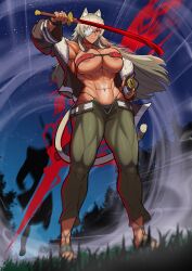 1girl abs absurdres animal_ears areola_slip bandeau belt breasts cat_ears cat_girl cat_tail choker covered_erect_nipples dark-skinned_female dark_skin eyepatch facial_scar fur-trimmed_jacket fur_trim ghislaine_dedoldia green_pants han_(laughing_nerd) highleg highleg_panties highres holding holding_sheath holding_sword holding_weapon jacket large_breasts long_hair muscular muscular_female mushoku_tensei navel obliques one-eyed open_belt open_pants panties pants panty_peek panty_straps red_bandeau red_choker red_eyes scar scar_on_cheek scar_on_face scar_on_stomach sheath sky star_(sky) starry_sky sword tail tail_ornament tail_ring underwear unsheathed weapon