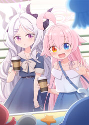 2girls :d :o against_glass ahoge bag bare_shoulders blue_archive blue_dress blue_eyes blue_skirt blurry blurry_foreground blush bow collarbone commentary_request cup depth_of_field disposable_coffee_cup disposable_cup dress fang grey_hair hair_between_eyes hair_intakes hair_ornament hairclip halo harada_(sansei_rain) heterochromia highres hina_(blue_archive) holding holding_cup horns hoshino_(blue_archive) multiple_girls off-shoulder_shirt off_shoulder open_mouth orange_eyes parted_bangs parted_lips pink_hair purple_eyes sailor_collar sailor_dress shirt shoulder_bag skirt smile white_bow white_sailor_collar white_shirt