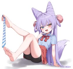 1girl ahoge arm_support barefoot black_shorts blue_bow blue_eyes blue_shirt bow bowtie breasts collared_shirt commentary_request fang feet fox_girl fox_tail full_body furrowed_brow hair_bow hair_horns hair_ornament hair_rings heterochromia high-waist_skirt highres holding_with_feet korean_commentary long_hair looking_at_viewer mannack multicolored_hair open_mouth pink_pupils pom_pom_(clothes) pom_pom_hair_ornament purple_hair red_bow red_bowtie red_skirt shirt shirt_tucked_in short_sleeves shorts shorts_under_skirt sitting skirt small_breasts smile soles solo stellive tail tenko_shibuki toes two-tone_hair v very_long_hair virtual_youtuber white_background white_hair yellow_eyes