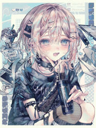 1girl absurdres black_collar black_shirt blue_eyes border bottle brown_hair can cellphone collar commentary_request cup dated detached_sleeves disposable_cup drink_can energy_drink envelope finger_to_cheek hair_ornament hairclip hairpin handheld_game_console highres holding holding_can jirai_kei kitchen_knife looking_at_viewer monster_energy nintendo_ds o-ring o-ring_thigh_strap open_mouth original perfume_bottle phone shirafu_(shirafu42) shirt short_hair short_sleeves smartphone soda_can solo squatting t-shirt tearing_up thigh_strap twitter_username wireless_earphones