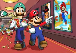 6+boys absurdres blue_eyes blue_overalls blue_toad_(mario) boots brothers brown_footwear brown_hair domestic_maid drink drinking_straw facial_hair food gloves green_headwear green_shirt green_toad_(mario) hat highres holding holding_drink holding_food indoors luigi male_focus mario mario_&amp;_luigi_rpg mario_(series) movie_poster movie_theater multiple_boys mustache nintendo overalls pointing popcorn puss_in_boots:_the_last_wish red_carpet red_headwear red_shirt red_socks red_toad_(mario) shirt short_hair shrek_(series) siblings socks striped_clothes striped_socks the_super_mario_bros._movie toad_(mario) two-tone_socks walking white_gloves white_socks yellow_toad_(mario) yoshi