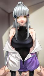 Rule 34 | 1boy, 1girl, bare shoulders, black gloves, blush, breasts, clothed sex, clothes pull, clothing aside, cowgirl position, cross, girl on top, girls&#039; frontline, girls&#039; frontline 2: exilium, gloves, grabbing another&#039;s thighs, green eyes, hair ornament, hairclip, half-closed eyes, hetero, highres, hk416 (girls&#039; frontline), indoors, iron cross, jacket, jacket pull, kirukatsu, klukai (girls&#039; frontline 2), large breasts, long hair, off shoulder, open mouth, penis, ponytail, pov, pussy, pussy juice, solo focus, straddling, vaginal, very long hair, white hair
