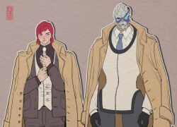 adjusting_clothes adjusting_necktie alien coat commander_shepard commander_shepard_(female) couple garrus_vakarian long_coat mass_effect_(series) necktie red_hair scars_on_face trench_coat tumblr turian yu-chunsam
