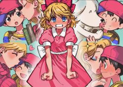 1boy 4girls affectionate angry backpack bag baseball_cap black_eyes blonde_hair blue_eyes blush book bow breasts clenched_hand clenched_teeth closed_eyes dog dress embarrassed eyeshadow hair_bow hat heart highres imminent_kiss jealous king_(mother_2) kiss kissing_cheek large_breasts makeup mother_(series) mother_2 mother_and_son multiple_girls ness&#039;s_mother ness_(mother_2) nintendo one_eye_closed open_mouth paula_(mother_2) pink_dress pink_sweater red_bow red_lips shirt striped_clothes striped_shirt sweater teeth tongue user_zpnu2438 venus_(mother) white_bow