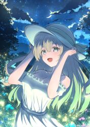 1girl blush cloud cloudy_sky dress firefly_(honkai:_star_rail) frilled_dress frills glowing glowing_hair gradient_hair grass green_pupils grey_hair hair_between_eyes hair_ornament hair_ribbon hands_on_headwear hat highres honkai:_star_rail honkai_(series) mashiro_(user_65392488) multicolored_eyes multicolored_hair open_mouth ribbon sky smile solo star_(sky) starry_sky tree white_dress white_hat