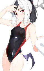 1girl absurdres black_hair black_one-piece_swimsuit blue_archive blush breasts commentary_request cowboy_shot demon_horns demon_wings hand_in_own_hair highres holding holding_towel horns isocha kayoko_(blue_archive) looking_at_viewer low_wings medium_hair mole mole_on_neck multicolored_hair one-piece_swimsuit red_eyes sidelocks simple_background single_wing small_breasts solo swimsuit towel two-tone_hair wet white_background white_hair wings