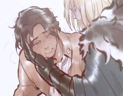 Rule 34 | ascot, beard, black fur, blonde hair, blue cape, blue eyes, cape, claude von riegan, claude von riegan (timeskip), collared jacket, commentary request, cosu (guessibetter), crying, crying with eyes open, dark-skinned male, dark skin, dimitri alexandre blaiddyd, dimitri alexandre blaiddyd (timeskip), facial hair, fire emblem, fire emblem: three houses, gauntlets, green eyes, hand on another&#039;s face, jacket, looking at another, nintendo, open mouth, parted lips, popped collar, streaming tears, tears, teeth, white fur, yellow jacket