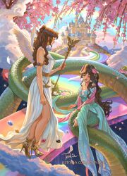 2girls aqua_dress belt black_gemstone black_hair blue_gemstone blue_sky brown_hair caduceus castle cherry_blossoms closed_eyes closed_mouth cloud commentary dragon_girl dress earrings eastern_dragon_tail english_commentary falling_feathers falling_petals feathered_wings feathers floating_gem flower flower_earrings gem gold_armlet green_scales hair_flower hair_ornament hair_ribbon half_updo heel_up high_heel_sandals highres holding holding_scepter jewelry long_hair long_sleeves looking_at_another looking_down mountain multiple_girls original outdoors patreon_username petals pink_flower pink_shawl rainbow rainbow_road red_gemstone ribbon sandals scepter shawl side_slit signature sitting sky standing star_(symbol) toshiasan very_long_hair very_long_tail wavy_hair white_dress white_flower white_gemstone white_ribbon white_wings wide_sleeves wings yellow_gemstone