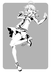 10mo 1girl ahoge artoria_pendragon_(fate) casual fate/hollow_ataraxia fate_(series) female_focus greyscale hair_ribbon highres monochrome official_alternate_costume ribbon saber_(fate) sandals solo