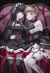 Rule 34 | 2girls, black dress, black hair, black hairband, black thighhighs, braid, brown hair, byakuya rinne, chain, chain leash, cushion, detached sleeves, dress, euphoria (clockup), expressionless, frilled dress, frilled hairband, frills, gothic lolita, hairband, half up braid, halter dress, halterneck, hand on another&#039;s face, hexenmesser, highres, juliet sleeves, leash, leash pull, lolita fashion, lolita hairband, long hair, long sleeves, looking at viewer, manaka nemu, multiple girls, musical note, musical note print, piano print, puffy sleeves, purple eyes, short hair, sidelocks, sitting, sleeveless, sleeveless dress, smile, thighhighs, underbust, white thighhighs