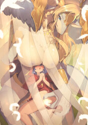 2girls absurdres blonde_hair blue_eyes blue_hair breasts character_request commission dragon_girl duel_monster feathers female_orgasm fingering hair_over_eyes highres hood hood_up hooded_robe large_breasts lo_the_prayers_of_the_voiceless_voice long_hair multiple_girls nipples open_mouth orgasm pixiv_commission praying red_robe ro_g_(oowack) robe tongue tongue_out trembling yu-gi-oh! yuri