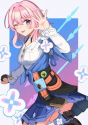 1girl absurdres acorn ankle_boots archery_shooting_glove badge black_boots black_choker black_corset black_gloves blue_eyes blue_jacket blue_skirt blush boots breasts button_badge buttons camera choker clenched_hand collarbone commentary corset dress_shirt earrings flower_ornament gloves hand_up high_heel_boots high_heels highres honkai:_star_rail honkai_(series) jacket jewelry leg_up long_sleeves looking_at_viewer march_7th_(honkai:_star_rail) march_7th_(preservation)_(honkai:_star_rail) medium_breasts medium_hair miniskirt one_eye_closed open_hand partially_fingerless_gloves pink_hair pleated_skirt shirt single_earring single_glove skirt solo sutiibun thigh_strap tied_jacket tongue tongue_out upper_body white_shirt