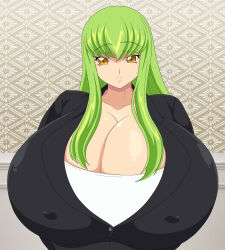 Rule 34 | 1girl, absurdres, breast expansion, breasts, c.c., cleavage, code geass, formal clothes, forsakencause, gigantic breasts, highres, huge breasts, office lady, original, solo, suit, weight gain