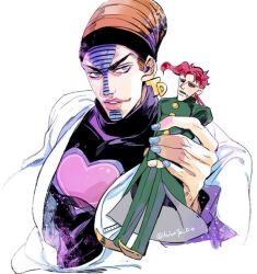 Rule 34 | beehive hairdo, blue nails, character doll, doll, earrings, facial mark, hatoyama itsuru, headband, heart, jacket, jewelry, jojo no kimyou na bouken, kakyoin noriaki, male focus, red hair, stardust crusaders, terence t. d&#039;arby, turtleneck, white jacket