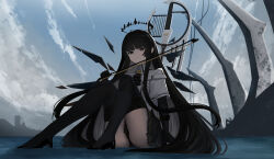 1girl absurdres arknights ascot ass black_ascot black_eyes black_gloves black_hair black_halo black_shoes black_skirt black_thighhighs bow_(music) bright_pupils closed_mouth cloud collared_shirt colored_inner_hair commentary dark_halo day elbow_gloves full_body gloves grey_hair hachimin8_(shrine_kyo) halo highres holding holding_bow_(music) instrument knees_up lace lace-trimmed_skirt lace_trim long_hair looking_at_viewer multicolored_hair outdoors shirt shoes sitting skirt smile solo split_mouth thighhighs very_long_hair virtuosa_(arknights) water white_pupils white_shirt