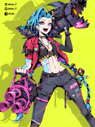 1girl absurdres alternate_costume blue_hair braid character_name defaultz english_text green_background gun highres jacket jinx_(league_of_legends) league_of_legends long_hair rocket_launcher solo stomach_tattoo tattoo trousers twin_braids twitter_logo weapon weapons