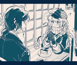 Rule 34 | 2girls, cake, cake slice, coat, cup, drinking glass, drinking straw, face-to-face, food, food on face, fork, gloves, greta hofmann, hairband, hands up, hat, highres, holding, holding fork, ice, ice cube, indoors, letterboxed, lolita hairband, looking at another, looking at food, low ponytail, marcus (reverse:1999), medium hair, monochrome, mossi (mossi0816), multiple girls, newsboy cap, plant, plate, ponytail, poster (object), potted plant, reverse:1999, scarf, smile, table, upper body, window