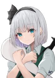 Rule 34 | 1girl, absurdres, aqua eyes, black bow, black hairband, bow, closed mouth, colored inner hair, dot nose, green vest, hair bow, hairband, harumomiji, highres, konpaku youmu, konpaku youmu (ghost), light frown, looking at viewer, multicolored hair, purple hair, self hug, shirt, short hair, short sleeves, signature, solo, touhou, upper body, vest, white hair, white shirt