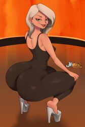 Rule 34 | 1girl, artist name, ass, black unitard, breasts, grey hair, high heels, highres, huge ass, jay marvel, long hair, looking at viewer, mirage (incredibles), platform heels, shoes, sleeveless, smirk, solo, squatting, the incredibles, white shoes