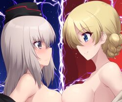 Rule 34 | 2girls, asymmetrical docking, bare shoulders, blonde hair, blue eyes, blush, braid, breast press, breasts, commentary request, darjeeling (girls und panzer), embarrassed, from side, garrison cap, girls und panzer, grey hair, hat, height difference, itsumi erika, jacket, kuromorimine military uniform, kuzuryuu kennosuke, large breasts, lightning, long hair, multiple girls, open clothes, open jacket, short hair, smile, sweatdrop, white hair