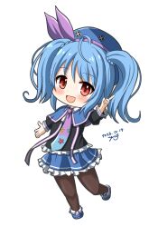 1girl absurdres ahoge artist_name black_pantyhose black_shirt blue_boots blue_capelet blue_hair blue_hat blue_skirt boots capelet chibi dated emil_chronicle_online frilled_shirt frilled_skirt frills hair_ribbon hat highres monster_girl necktie open_mouth pantyhose pointing purple_necktie purple_ribbon pururu_alma red_eyes ribbon shirt skirt slime_girl twintails white_background yanapy