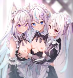 3girls absurdres animal_ears apron black_dress blue_eyes blue_hair blush breast_press breasts detached_sleeves dress flower grabbing_another&#039;s_breast gradient_hair grey_hair groping hair_flower hair_ornament hairclip highres long_hair long_sleeves looking_at_another looking_at_viewer maid maid_headdress medium_breasts multicolored_hair multiple_girls nipples open_clothes open_mouth original purple_eyes purple_hair red_eyes small_breasts smile symmetrical_docking teeth_bro twintails white_apron