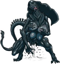 1girl alien alien_(1979) alien_(series) alien_queen breasts claws extra_arms extra_breasts female_focus grabbing_another&#039;s_breast groping large_breasts monster muscular nezunezu open_mouth pussy pussy_juice saliva simple_background solo tail tongue veins veiny_breasts white_background xenomorph