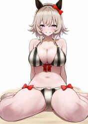1girl animal_ears bikini breasts cleavage closed_mouth collarbone curren_chan_(umamusume) hairband herohero_(higashi_no_dou) highres horse_ears horse_girl horse_tail medium_breasts navel purple_eyes ribbon sitting swimsuit tail thighs umamusume wariza white_background