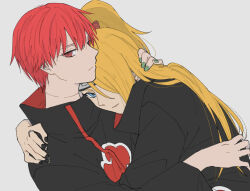 2boys akatsuki_uniform asymmetrical_bangs black_nails blonde_hair blue_eyes couple deidara_(naruto) doll_joints forehead_protector green_nails hair_over_one_eye hayamin35 high_ponytail hug joints long_hair looking_at_viewer male_focus multiple_boys naruto_(series) naruto_shippuuden parted_lips ponytail red_eyes red_hair robe sasori_(naruto) short_hair simple_background smirk white_background yaoi