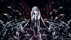 Rule 34 | 1girl, abstract, abstract background, blunt bangs, bone, cape, grey hair, hands on own head, hands up, highres, long hair, mirimo, mole, mole under eye, original, red eyes, see-through body, sidelocks, skeleton, solo, very long hair, white cape