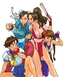 4girls absurdres bandaid bare_shoulders blue_sailor_collar bracelet braid breasts brown_eyes brown_hair bun_cover capcom capcom_vs_snk china_dress chinese_clothes chun-li cleavage crossover double_bun dress fatal_fury fingerless_gloves folded_fan folding_fan game_cg gloves hair_bun hand_fan headband highres holding holding_fan japanese_clothes jewelry kasugano_sakura large_breasts multiple_girls neckerchief nishimura_kinu non-web_source official_art pantyhose pelvic_curtain ponytail ryuuko_no_ken sailor_collar sash school_uniform serafuku shiranui_mai simple_background single_braid spandex spiked_bracelet spikes street_fighter the_king_of_fighters trait_connection white_background yuri_sakazaki