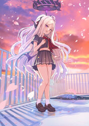 Rule 34 | 1girl, :d, ahoge, alternate costume, black sailor collar, black serafuku, black skirt, blue archive, blurry, brown shoes, clenched hand, cloud, cloudy sky, commentary request, demon girl, demon horns, demon wings, depth of field, falling petals, fence, forehead, full body, hair ribbon, halo, head tilt, highres, hina (blue archive), horns, jin young-in, long hair, looking at viewer, midriff, navel, neckerchief, one side up, open mouth, outdoors, parted bangs, petals, pleated skirt, purple eyes, red neckerchief, ribbon, sailor collar, school uniform, serafuku, shoes, short sleeves, sidelocks, skirt, sky, smile, socks, solo, standing, twilight, wavy hair, white hair, white socks, wind, wings