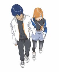 1boy 1girl :o absurdres alternate_costume black_pants black_pantyhose black_shirt blue_eyes blue_hair blue_nails blue_shorts cellphone closed_mouth commentary_request contemporary dark-skinned_male dark_skin fingernails gallica_(metaphor:_refantazio) grey_background hair_over_one_eye heterochromia hhhuzh highres holding holding_phone jacket locked_arms metaphor:_refantazio one_eye_covered open_clothes open_jacket open_mouth orange_hair pants pantyhose phone pointy_ears protagonist_(metaphor:_refantazio) shirt shoes short_hair shorts simple_background smile sneakers twitter_username white_jacket yellow_eyes