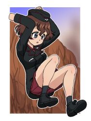 Rule 34 | 1girl, :o, akaboshi koume, black jacket, blue eyes, border, brown hair, commentary, garrison cap, girls und panzer, hat, jacket, jumping, kuromorimine military uniform, outdoors, red skirt, short hair, skirt, solo, takahashi kurage, white border